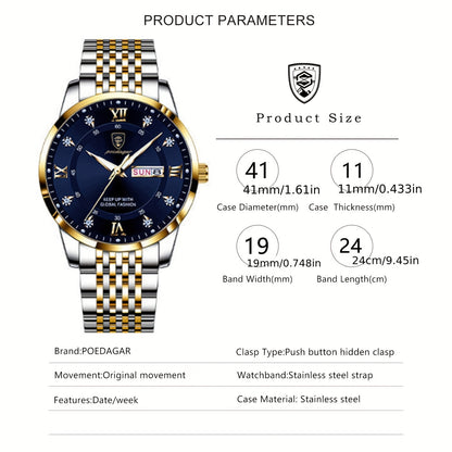 POEDAGAR Classic Men'S Stainless Steel Quartz Watch, IPX8 Luminous Weekly Calendar Watch for Men, Perfect Gift Option, Suitable for Women