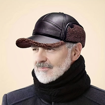 Street Style Men's Winter Cap with Ear Warmers, Faux Leather Earflap Hat for Elderly, Warm Duckbill Cap for Cold Weather