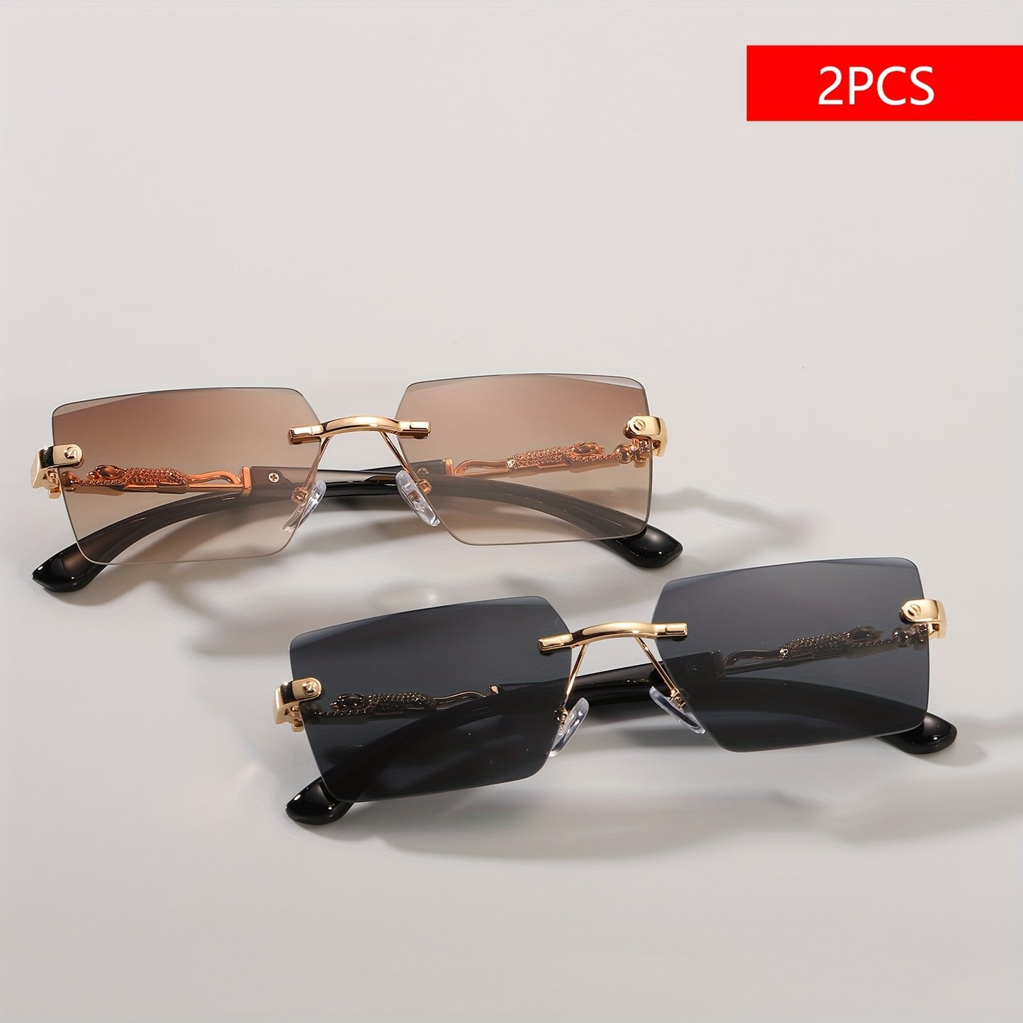 A pair of fashionable glasses with a retro style, featuring rimless leopard print temples and a compact trendy frame