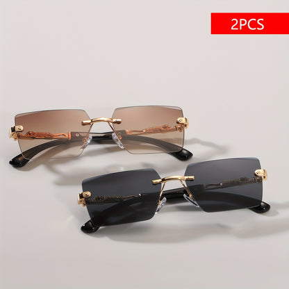 A pair of fashionable glasses with a retro style, featuring rimless leopard print temples and a compact trendy frame