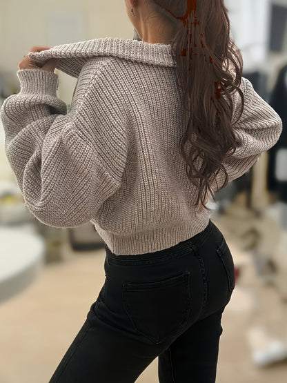 Autumn and Winter Half-Zip Short Fashion Lantern Sleeve Pullover Sweater to Show Your Figure and Versatile