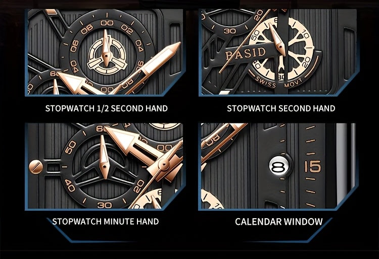 BASID Men's Elegant Square Analog Quartz Watch with Date Display & Stopwatch - Stainless Steel Strap, Black Dial - Casual & Dress Watch for Men, Unique Gift Idea, Versatile Wristwatch, Sleek Watch Design, Polished Finish