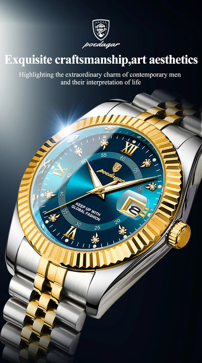 POEDAGAR Luxury Men'S Quartz Watch - Waterproof, Luminous, Stainless Steel Band, Blue & Golden Accents, Date & Week Display, Casual Elegant Timepiece with Backpack Clasp