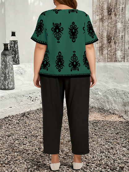 Plus Size Casual Country Print Loose Long Sleeve Pullover and Pants Two-Piece Set, Elegant Autumn Leonie