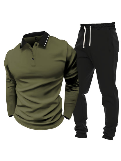Men's Casual Color-Block Long Sleeve Button-Up Shirt & Drawstring Joggers Set - Polyester Blend, Pockets Included, Perfect for Spring/Fall