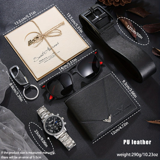 Men's Watch Six-piece Set, Alloy Wristwatch with Belt, Wallet, Glasses, Keychain and Greeting Card, Unique Temperament Makes You More Popular