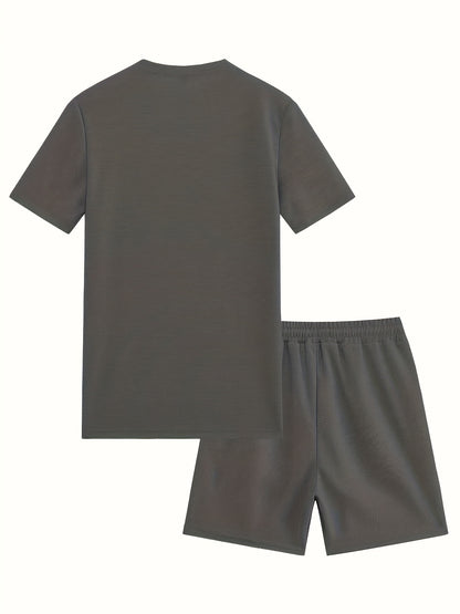 European and American Style Men's Basic Solid Color Set Round Neck Short Sleeve T-Shirt + Shorts Two-Piece Suit