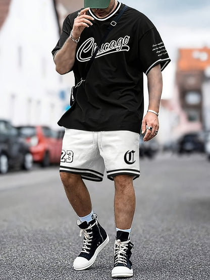 Men's Outfit, Chicago Graphic Print Casual Crew Neck Short Sleeve T-Shirt & Shorts 2-piece Set For Summer Outdoor Activities