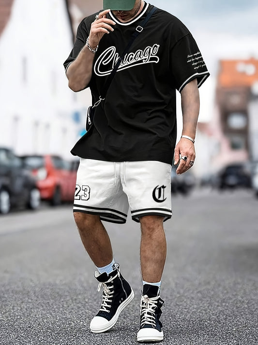 Men's Outfit, Chicago Graphic Print Casual Crew Neck Short Sleeve T-Shirt & Shorts 2-piece Set For Summer Outdoor Activities