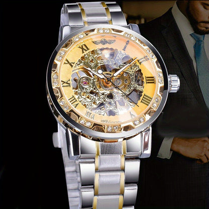 Fashion Classic Roma Watch Men Luxury Golden Skeleton Mechanical Hand Watches Casual Business Wristwatches Men Blue & Golden Accents, Casual Yet Versatile, Best Seller, Ideal Gift, Mechanical Movement, Watch Accessories, With