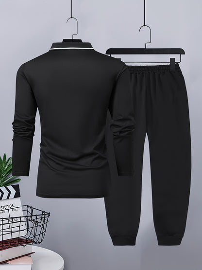 Men's Casual Color-Block Long Sleeve Button-Up Shirt & Drawstring Joggers Set - Polyester Blend, Pockets Included, Perfect for Spring/Fall