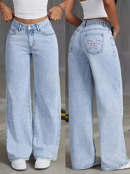 Women's High-Rise Light Wash Blue Denim Wide-Leg Pants with Butterfly Details - Street Style, Non-Stretch Fabric, Machine Washable