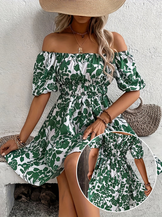 Leaves Print Off Shoulder Aline Dress, Vacation Style Short Sleeve Swing Dress For Spring & Summer, Women's Clothing