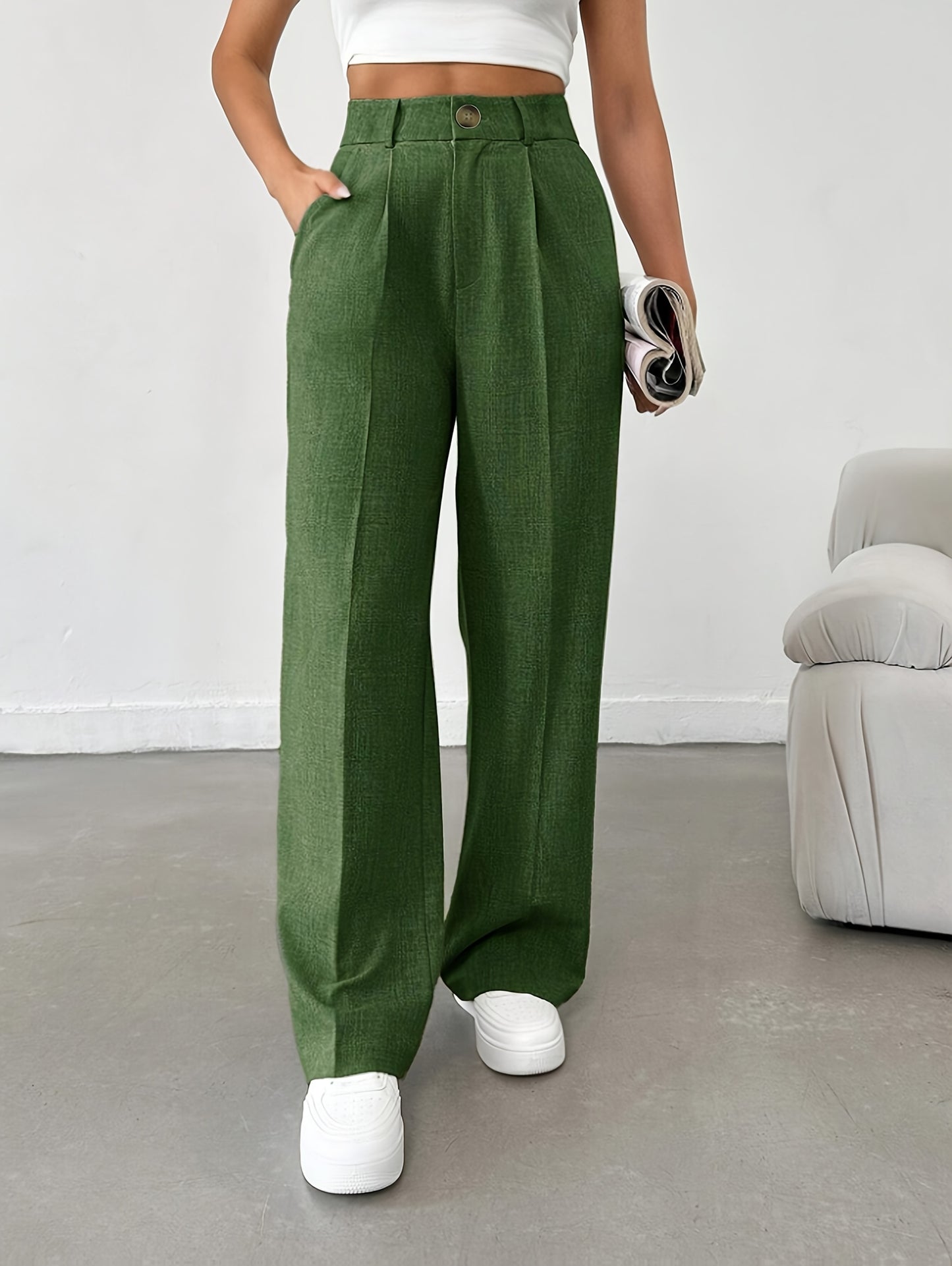 Women's Casual Polyester Stretch Straight Pants, Solid Color, Suitable for All Seasons, with Button Details, Women's Trousers