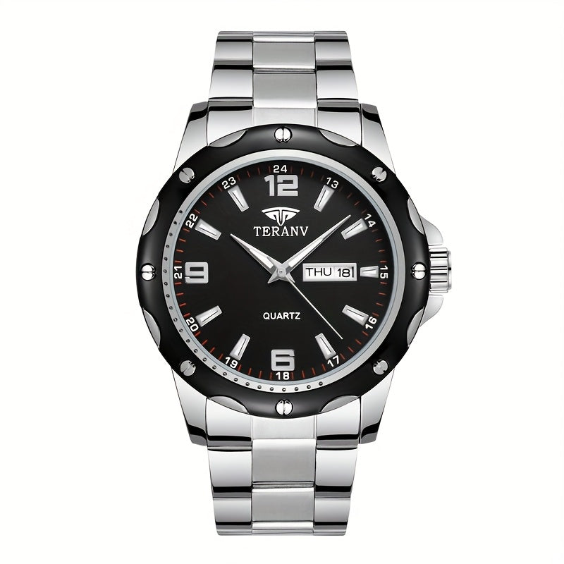Elegant Men's Stainless Steel Quartz Watch - IPX7 High Quality, Luminous Hands, Date & Day Display, Business Casual Sporty Design for Everyday & Water Activities, Versatile Wristwatch, Sleek Strap Design, Glowing Markers