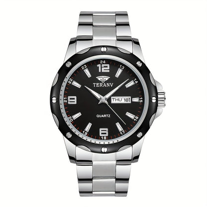 Elegant Men's Stainless Steel Quartz Watch - IPX7 High Quality, Luminous Hands, Date & Day Display, Business Casual Sporty Design for Everyday & Water Activities, Versatile Wristwatch, Sleek Strap Design, Glowing Markers