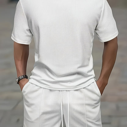 European and American Style Men's Basic Solid Color Set Round Neck Short Sleeve T-Shirt + Shorts Two-Piece Suit