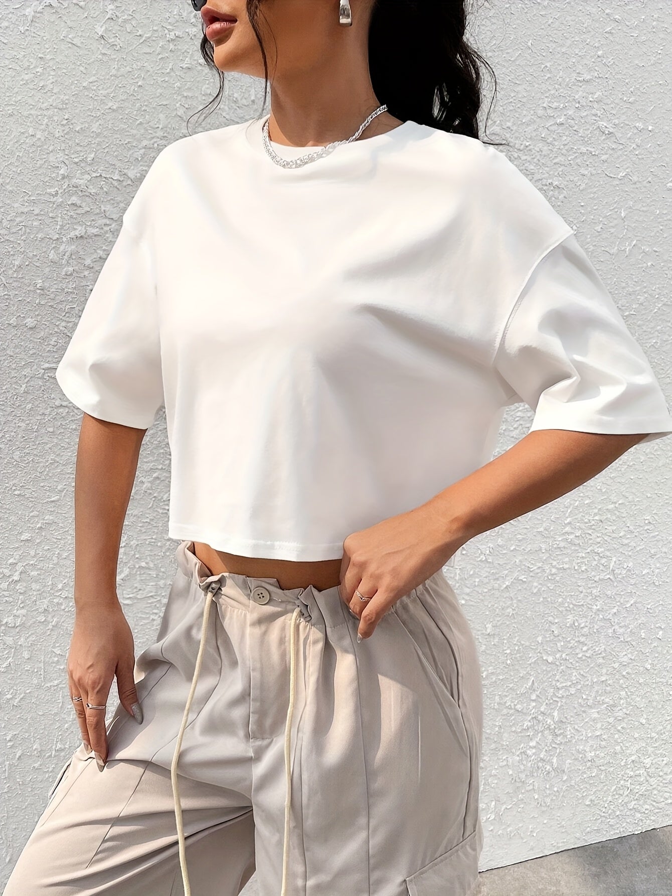 Women's Red Crop Top T-Shirt - Casual Short Sleeve, Loose Fit, Solid Color, Polyester, Machine Washable, Round Neck - Perfect for Summer