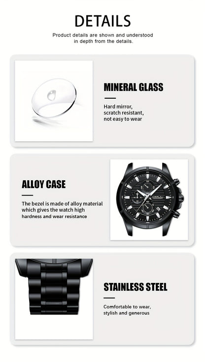 CRRJU Fashion Men's Watch, Business Solid Stainless Steel Multifunctional Chronograph Watch