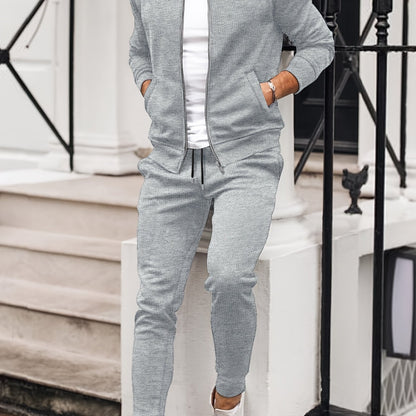 Men'S Casual Polyester Sweatsuit Set with Baseball Collar and Slight Stretch - Solid Color Long Sleeve Knit Fabric Track Suit for Fall/Winter