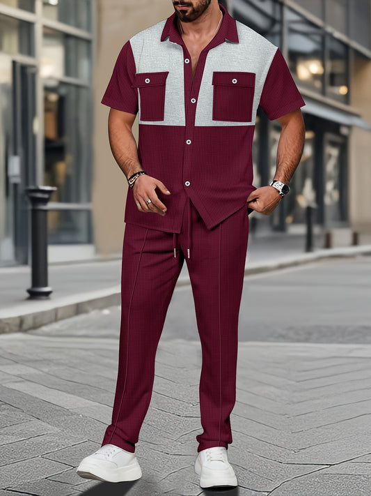 Men's Summer Two-Piece Set, Waffle Fabric Contrast Color with Pockets Short-Sleeved Shirt + Casual Trousers Suit, Leisure Light Business Vacation Daily Multiple Scenes