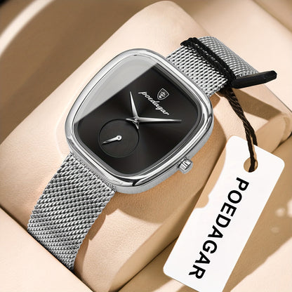 POEDAGAR Elegant Women's Quartz Watch - Waterproof, Stainless Steel Mesh Band, Rose Golden Square Dial, Black Strap, Perfect for Parties & Casual Attire, Stylish Timepiece | Elegant Design | Mesh Strap Watch, Watch Accessorie