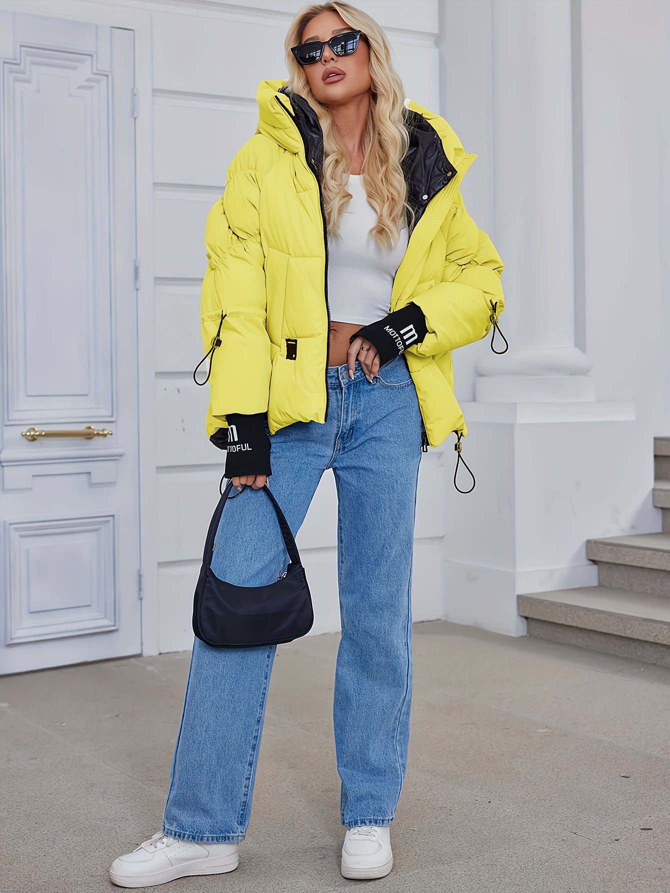 Women's Stylish Beige Puffer Jacket - Casual Warm Winter Coat with Black Trim, Long Sleeves & Zippered Hood, Polyester Fabric for Outdoor Comfort