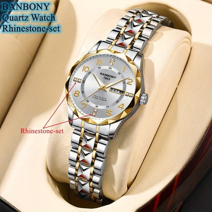 Banbony Women'S Quartz Watch - Luxury IPX7 Waterproof Stainless Steel Strap, Luminous Display, Rhinestone Accents, Date & Night Light, Minimalist Black Dial, Perfect Gift for Women, Casual Timepiece, Elegant Timepiece, Highqu