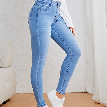 Women's Casual Plain Light Blue Skinny Jeans, Stretchy Denim Pants, Classic Design, High Waist Slim Fit For Everyday Fashion - Perfect For Fall & Winter