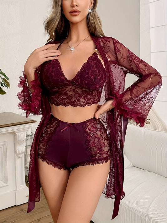 Women's 4pcs set, solid color lace patchwork top and bottom set with jacquard mesh fabric, long and wide leaf flower cuffs, nightgown, bow decoration, belt delivery, Women's sleepwear and home wear, Valentine's Day - the idea