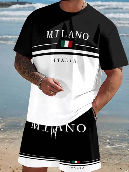 Men'S Casual "Milano Italia" Graphic Tee & Shorts Set - Black & White, Breathable Summer Outfit with Drawstring Waist, Comfortable for Casual Attire, Casual Attire|Italianinspired Design|Stretchy Fabric
