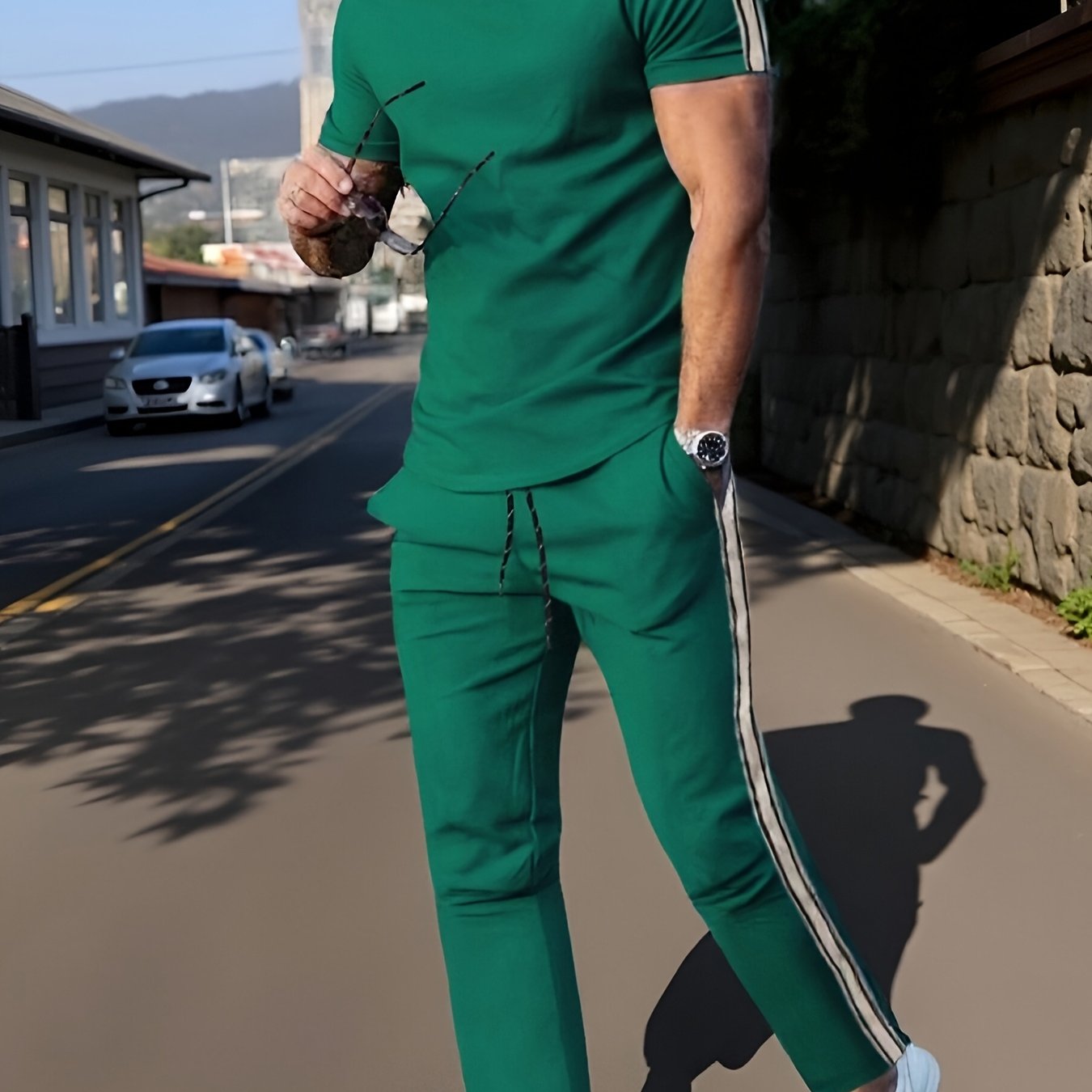 Cross-Border New Summer 2pcs Short-Sleeved T-Shirt And Long Pants Casual Men'S Casual Outdoor Sports Suit, Side Stripe Casual And Fashionable Men'S 2pcs Set