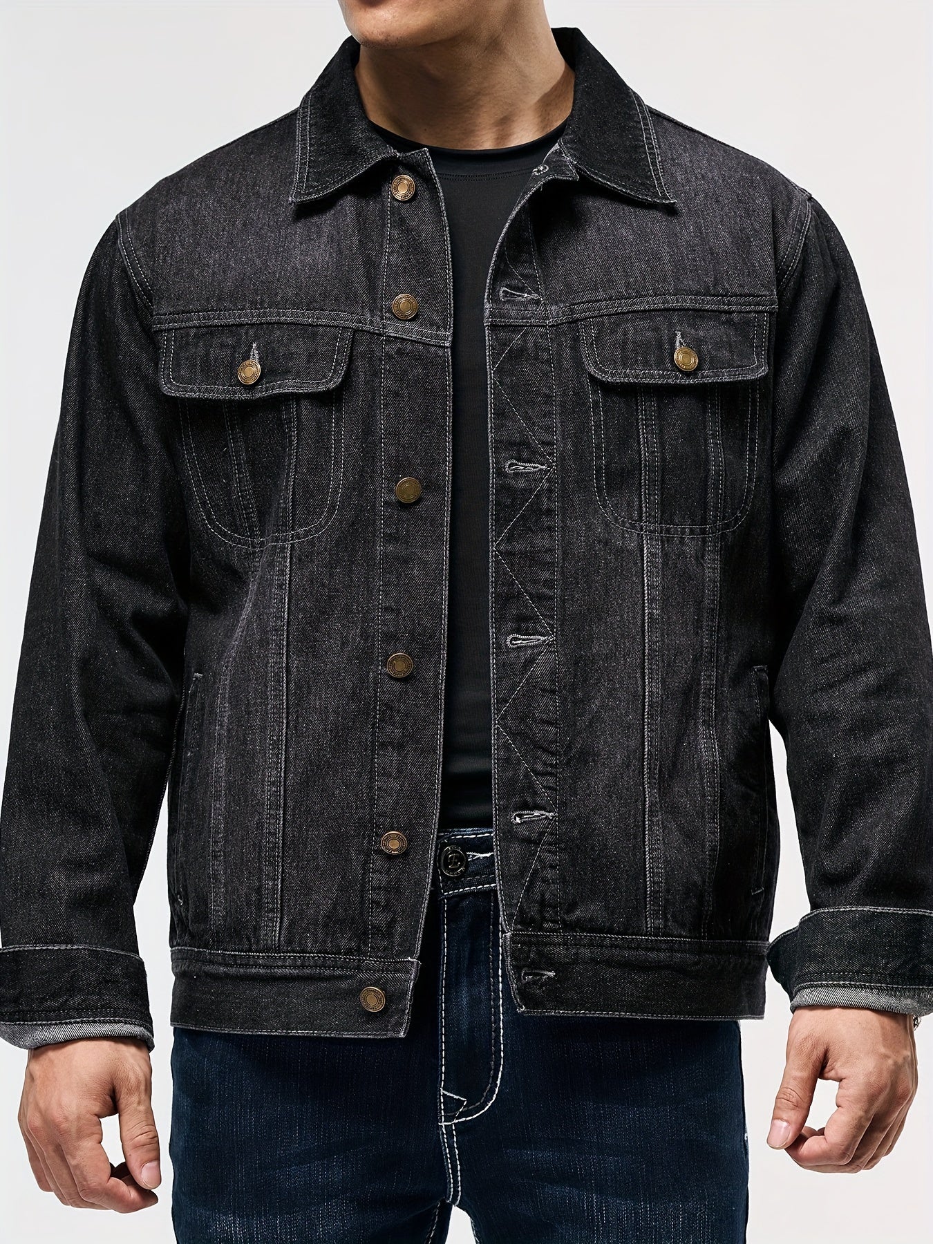 Men's Stylish Denim Jacket - Casual Long Sleeve with Flap Pockets, Machine Washable