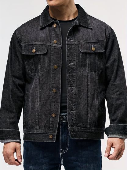 Men's Stylish Denim Jacket - Casual Long Sleeve with Flap Pockets, Machine Washable