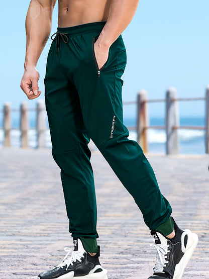Men's Casual Athletic Pants - Stretch Polyester, Side Zipper Detail, Drawstring Waist, Green Joggers with Pockets for Sports & Leisure