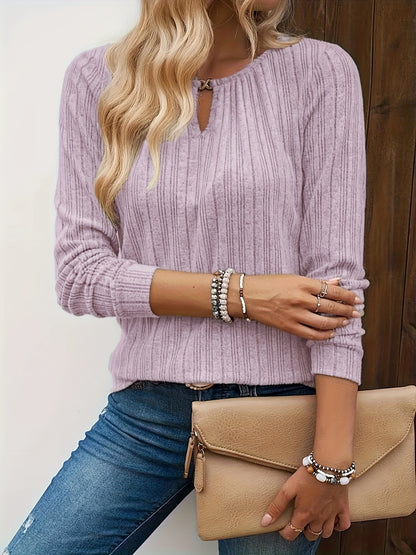Elegant Lavender Women's V-Neck Long Sleeve T-Shirt - Soft Brushed Ribbed Polyester Blend, Stretchy & Machine Washable, Perfect for All Seasons