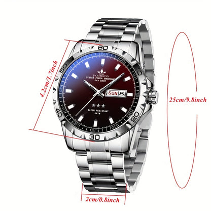 FOURRON Stainless Steel Quartz Watch with Black Dial, Date Display, Waterproof, Lightweight, Casual Style, Everyday Watch | Minimalist Watch | Stainless Steel Band