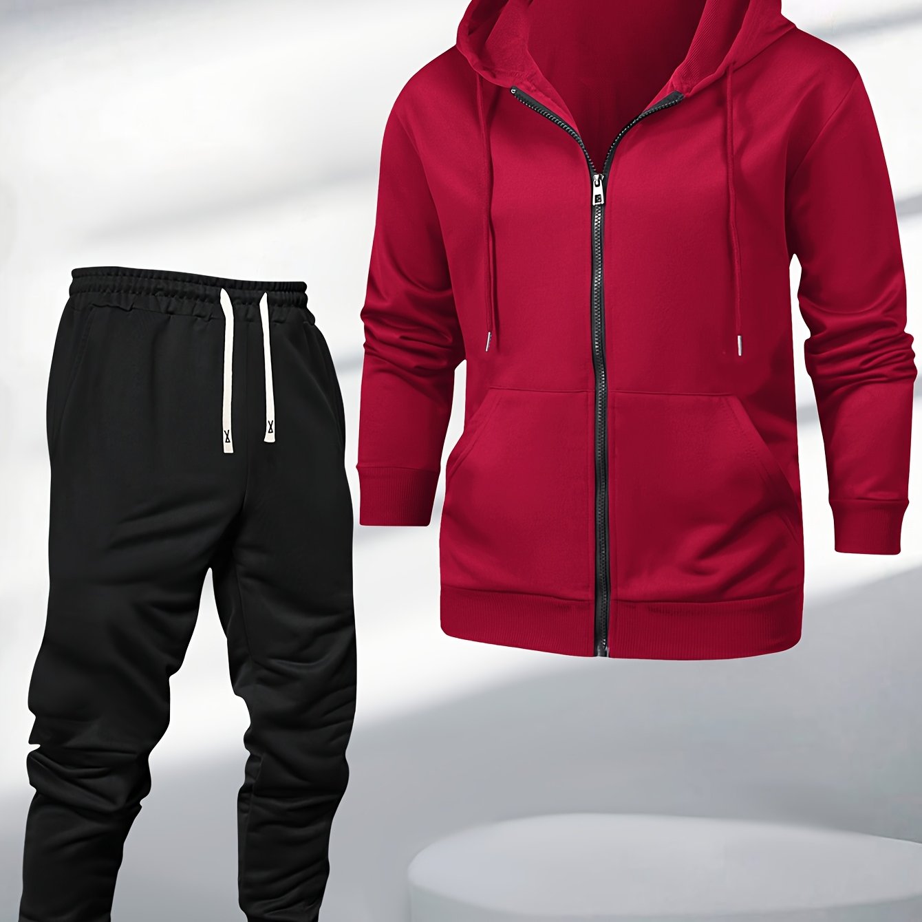 Men's Two-Piece Sportswear Suit: Zipper Hoodie + Sweatpants Set, Spring/Autumn Solid Color Regular Long Sleeve Zipper Hoodie with Drawstring, Threaded Trousers, Casual Sportswear Two-Piece Set