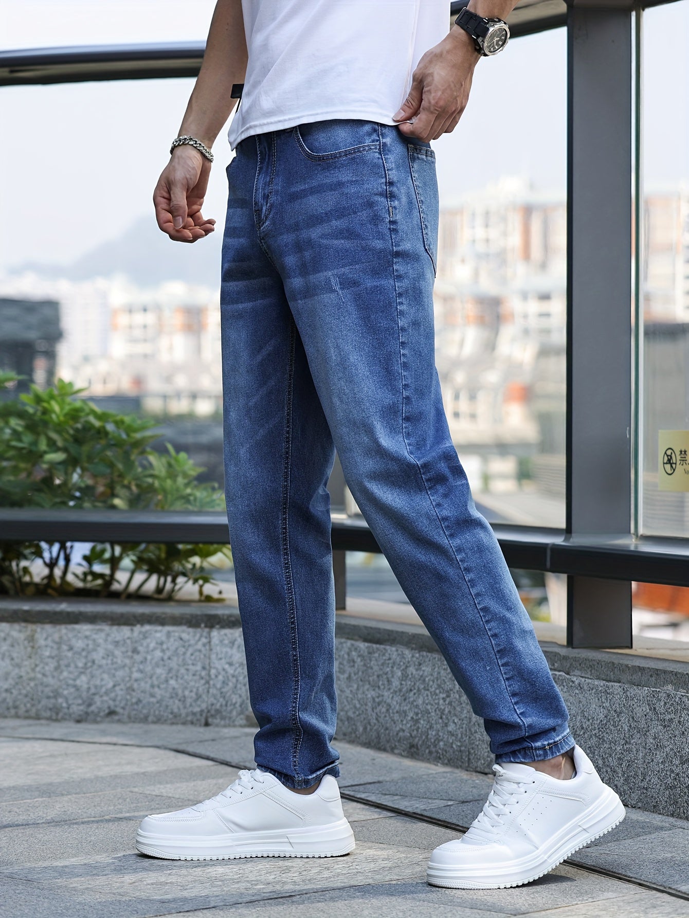Men's Solid Skinny Cotton Blend Denim Jeans, All Seasons Wearable Medium Stretch Washed Jeans, Suitable For Daily And Outing Wear