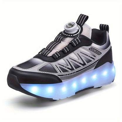 Youth Skate Shoes with LED Lights, Four-Wheel Detachable, Street Fashion, Trendy Style, Random Pattern, All-Season, Sports and Outdoor Scene, Roller Skating, Rotary Buckle Closure, Breathable and Adjustable Brightness, Upper,