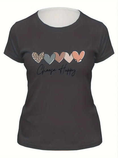 Women's Casual Sport T-Shirt, Round Neck, Heart And Happy Print, Short Sleeve, Soft Knit