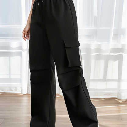 Women's Casual Cargo Pants with Multiple Pockets & Adjustable Drawstring Waist - Black Straight-Leg Workwear-Style Trousers for Spring Summer Fall, Machine Washable Non-Stretch Fabric