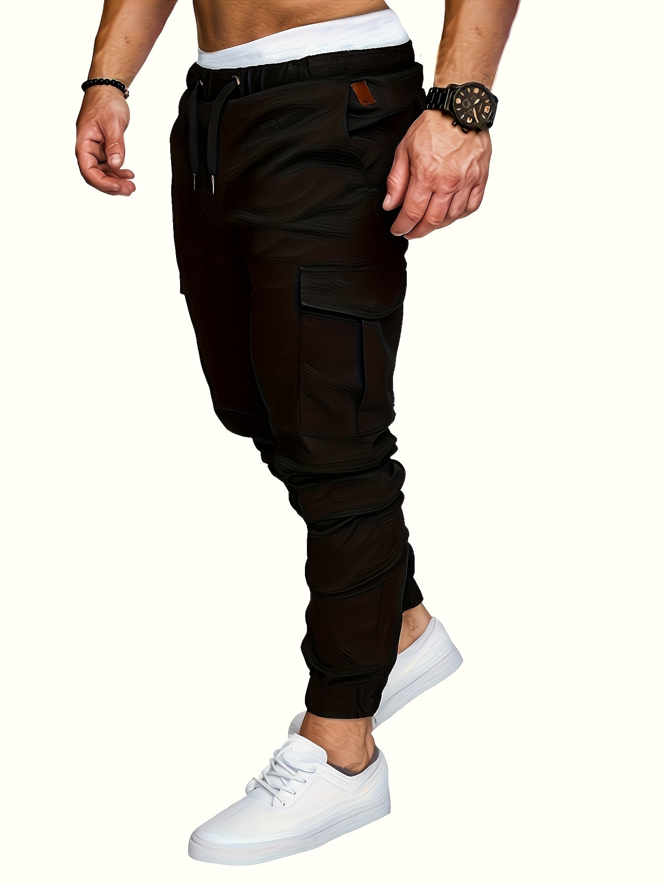 3-Pack Men'S Casual Cotton Cargo Pants, Solid Color, Non-Stretch, Regular Length, Drawstring Waist, Four Seasons, Standard Fit, Woven Fabric