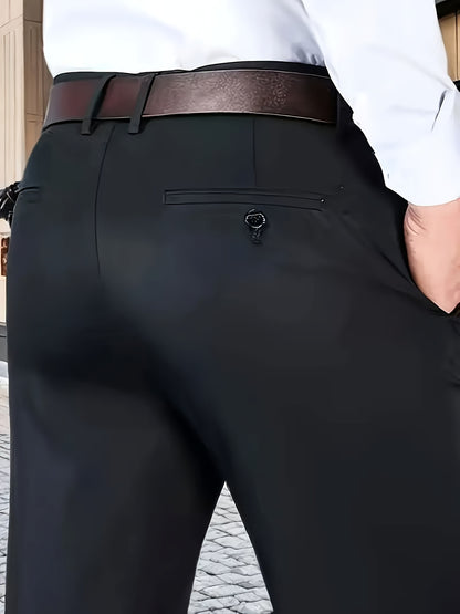 Men's Classic Business Dress Pants, Solid Color Casual Trousers, 100% Polyester, Regular Fit, with Zipper Fly, for Daily Wear and Gifting, All-Season, Allseason Trousers | Notch Lapel Design | Polyester Trousers