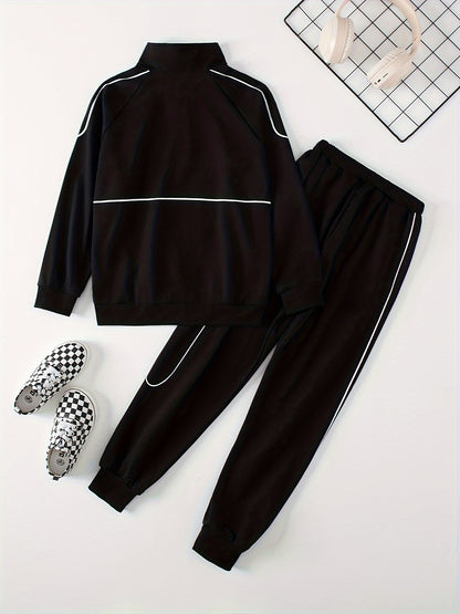 Boys' Casual Sportswear Set - Zip-Up Stand Collar Jacket & Joggers, Long Sleeve, Polyester - Perfect for Spring/Fall Outdoor Activities, Perfect for Outdoor
