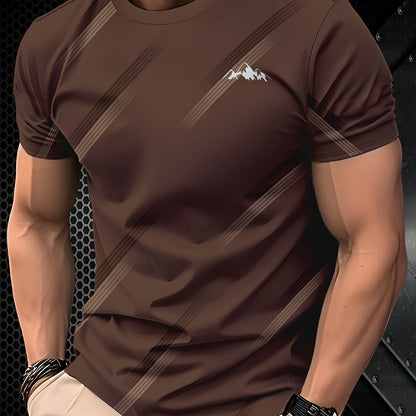Men's Casual Striped T-Shirt - Brown with White Contrast Stripes, Regular Fit Round Neck, Machine Washable for Everyday Comfort, Summer Clothing, Modern Look, Nontransparent Fabric