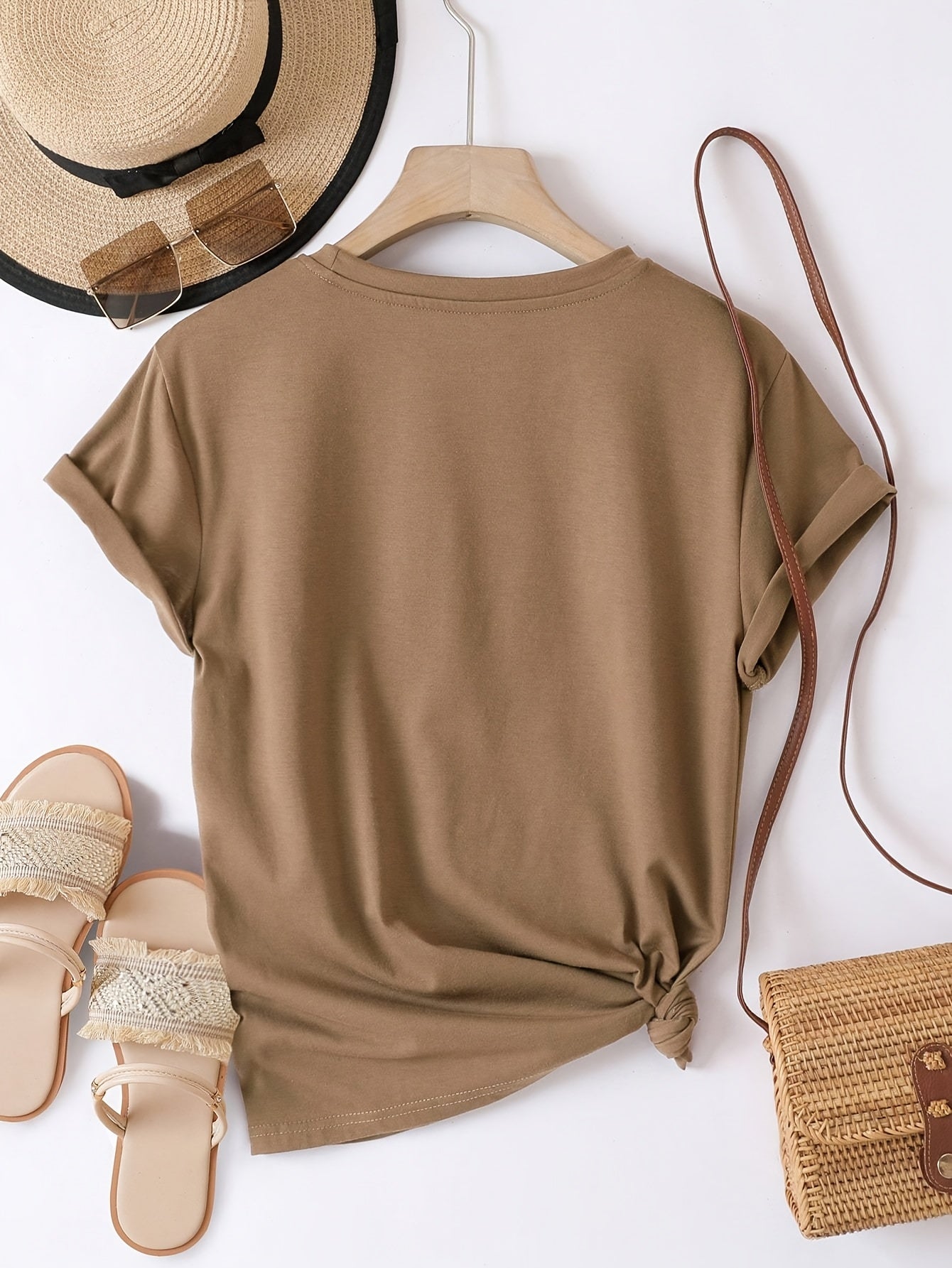 [Glossy Finish] Women's Casual Short Sleeve T-Shirt with Heart Print - Crew Neck, Lightweight Polyester, Brown with Multicolor Hearts Design, Perfect for Spring & Summer