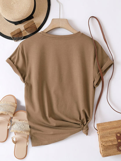 [Glossy Finish] Women's Casual Short Sleeve T-Shirt with Heart Print - Crew Neck, Lightweight Polyester, Brown with Multicolor Hearts Design, Perfect for Spring & Summer
