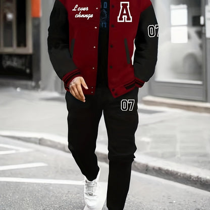 Men'S A07 Sporty Casual Baseball Outfit - Black & White "A" Print Jacket with Pockets, Matching Pants, Polyester Blend, Fall/Winter Wear, Casual Sportswear | Letter Print Jacket | Knit Construction, Baseball Attire