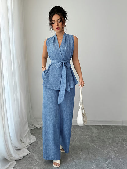 Women'S Elegant Two-Piece Summer Set - Sleeveless V-Neck Crop Top with Tie Detail & High-Waisted Wide-Leg Pants, Solid Color, Perfect for Spring/Summer, Casual Attire|Elegant Two-Piece Set|Polyester Fabric